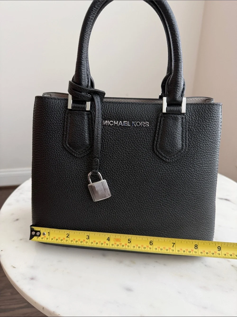 Michael Kors Adele Small Black Pebbled Leather Satchel with Lock Charm